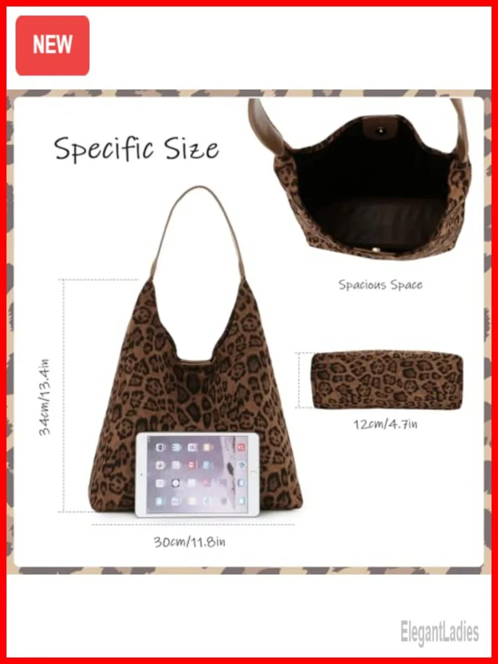 Vintage Leopard Print Faux Suede Leather Hobo Shoulder Tote Bag Large Satchel